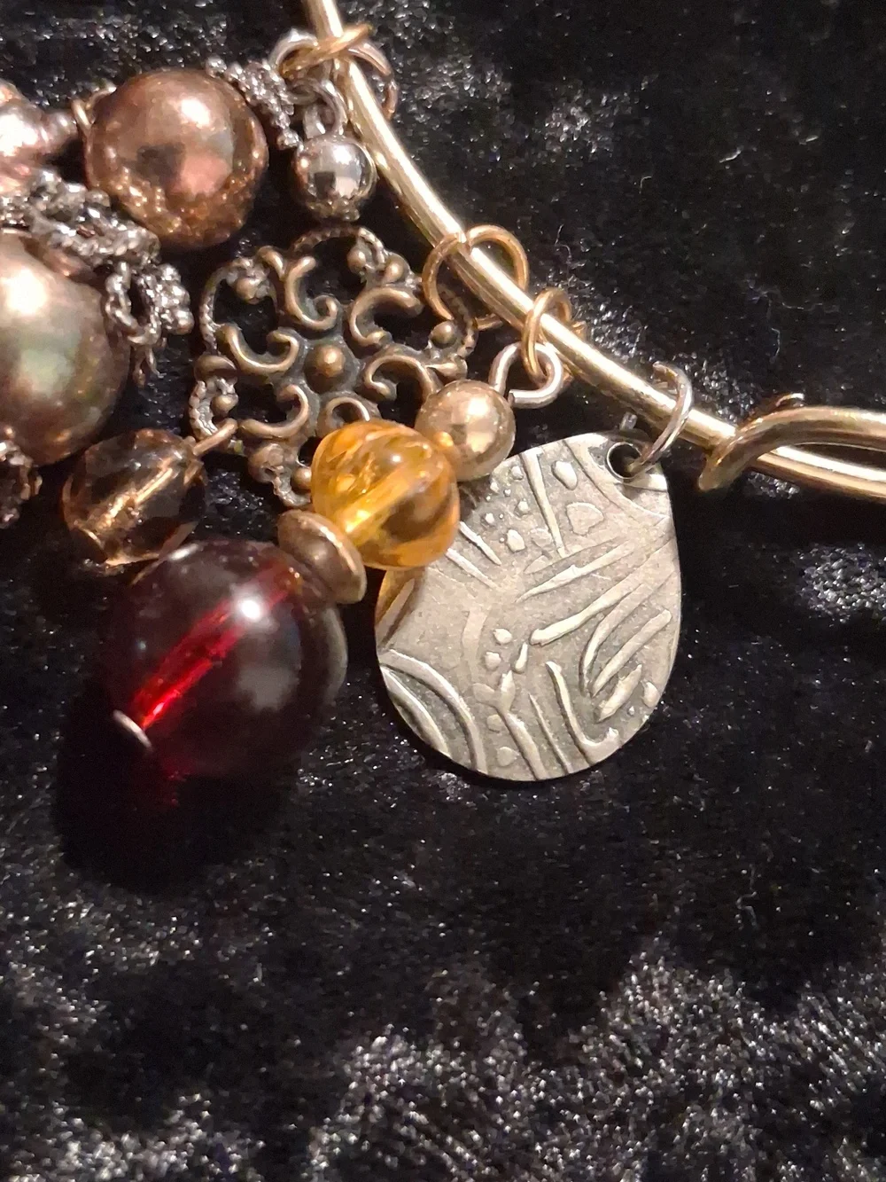 Gold-Tone Boho Charm Bangle Bracelet in Amber and Brown Expandable
